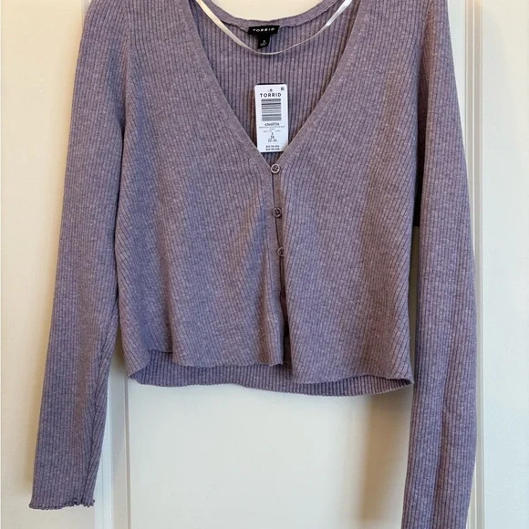 NWT Crop Purple V-Neck Sweater Ribbed Knit Super Soft Cozy - Picture 3 of 11
